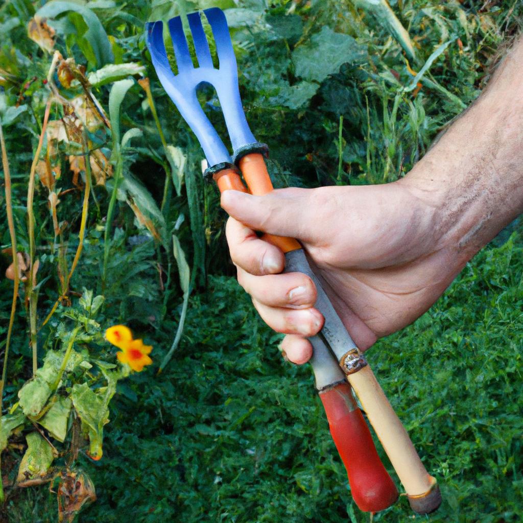 Person holding gardening tools, inspecting crops